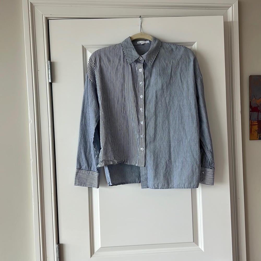 Great blue and white shirt.